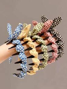 1pc Sweet Girl Rabbit Ear Plaid Headband, Countryside Style High Crown Anti-Slip Comb Hair Hoop Hair Accessory - Multicolor - View 3