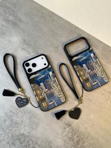 1件装 时尚新款个性化城市旅行建筑图案荔枝纹理防摔防滑软手机壳+心形挂绳，兼容苹果手机 - 彩色 - 查看 3