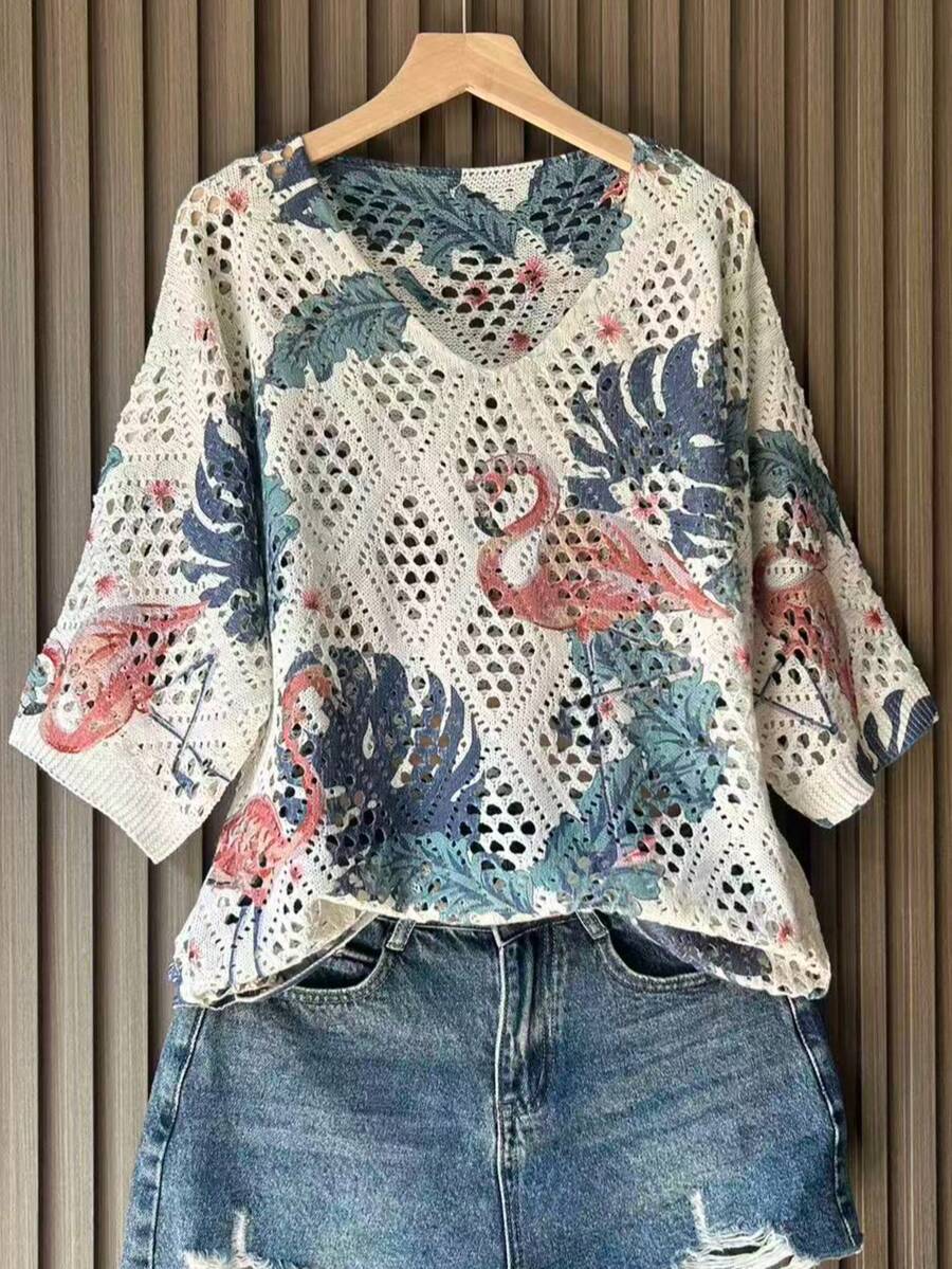 Women's Elegant Floral Hollow-Out Knit Top, Spring/Summer - Blue - View 1