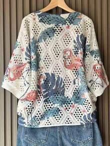 Women's Elegant Floral Hollow-Out Knit Top, Spring/Summer - Blue - View 4