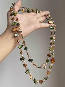 1pc Bohemian Natural Shell & Crystal Layered Necklace, Luxury Elegant Long Double-Layer Beach Jewelry - Multicolor - View 1