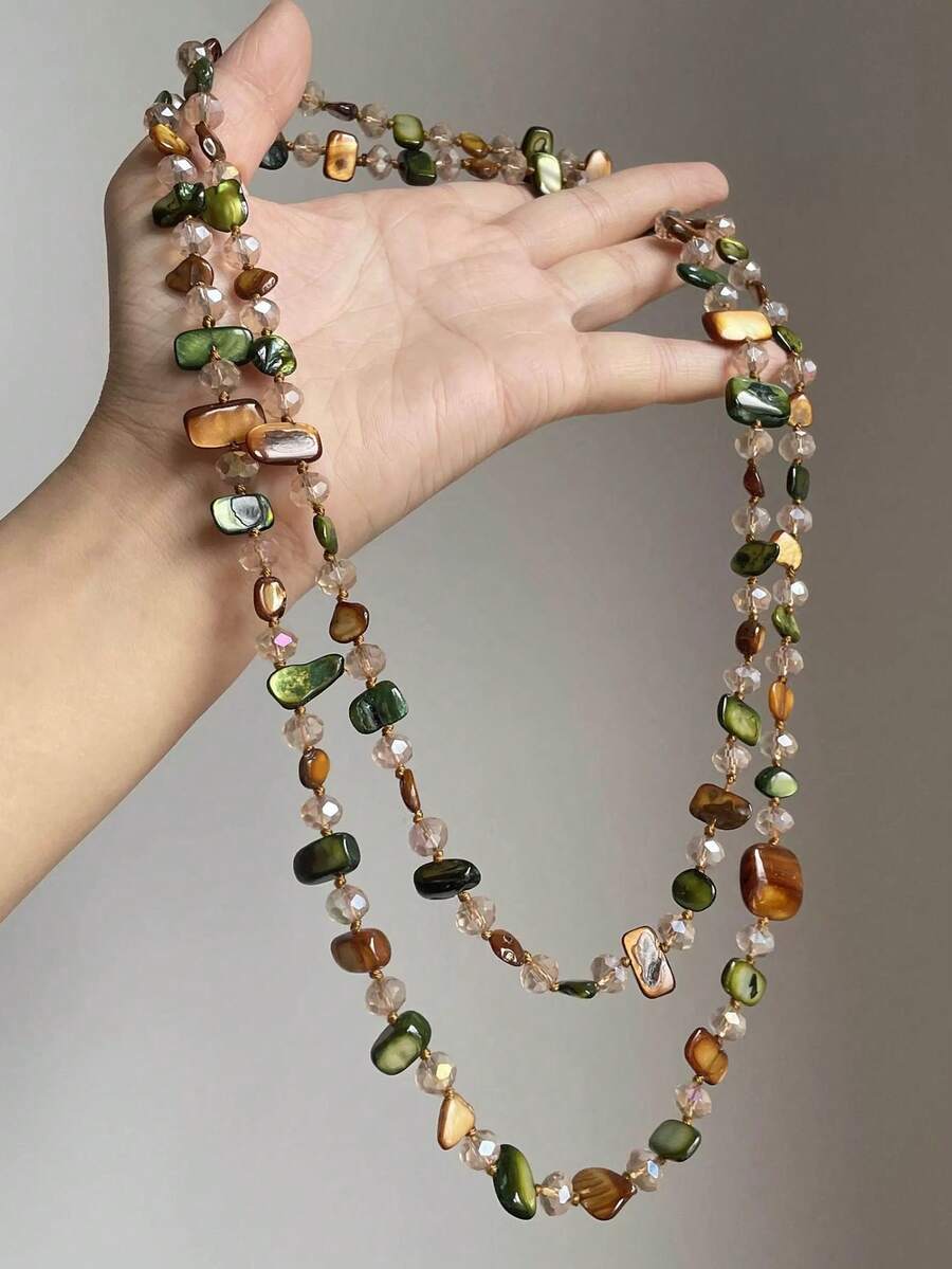 1pc Bohemian Natural Shell & Crystal Layered Necklace, Luxury Elegant Long Double-Layer Beach Jewelry - Multicolor - View 1