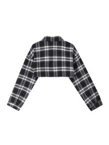 女士短款格子印花休闲衬衫，随机裁剪 - 黑色 - 查看 4