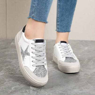 OEIN 女士休闲运动鞋，闪亮星星图案，可爱系带设计，适合运动、户外活动，四季皆宜