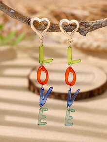 A Pair Of Personalized Acrylic Multi-Layer "LOVE" Letter Heart-Shaped Earrings, Suitable For Ladies To Wear Both Daily And On Special Occasions. - Multicolor - View 2