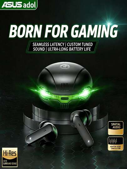  Auriculares Bluetooth para juegos ASUS R22 con latencia cero, chip profesional V5.4 para juegos electrónicos con reducción de ruido, larga duración, luces RGB, modo dual, ligeros y cómodos, ideales para transmisión en vivo, trabajo, juegos, escuchar música, hacer llamadas y acampar al aire libre. Auriculares Bluetooth ASUS R22.