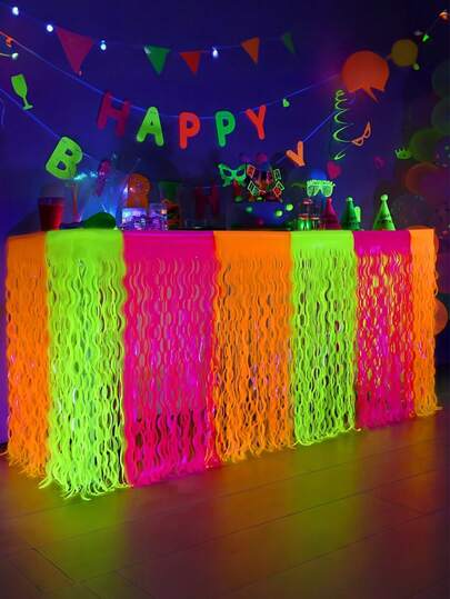 8pcs Fluorescent 3-Color Tassel Curtain Tablecloth, Wavy Fluorescent Metallic Sequin Tassel Tablecloth, Macaron Wavy Curtain Tablecloth, Glow-In-The-Dark Neon Party Tablecloth Decor Set, Suitable For Birthday Decor, Mother's Day, Singles Party, Music Festival Decor, Wedding Decor, Party Decor, Graduation Decor, Home Decor