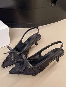 Sexy Pointed Toe Lace Petal Bow Black & White Stiletto High Heel Pumps, Fashionable Breathable Heels To Match Bodycon Dress Or Mini Dress - Black - View 2