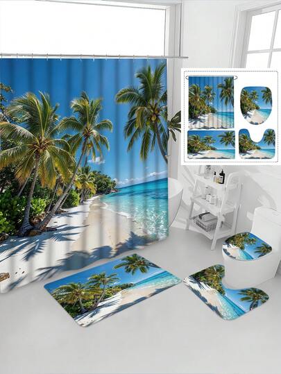 1/4pcs Tropical Ocean Coconut Tree Printed Vibrant Beach Scene Shower Curtain Set, Includes Palm Trees And Turquoise Water Patterns, Waterproof, Mildew Resistant, Thick Polyester, No Drill Installation, Non-Slip Bath Mat, Toilet Lid Cover, Digital Printing, Fade Resistant, Machine Washable, All Season, Easter Holiday Limited Edition