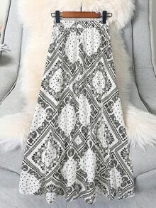 Plus Size Women Casual Paisley Print Elastic Waist Skirt White - White - View 2