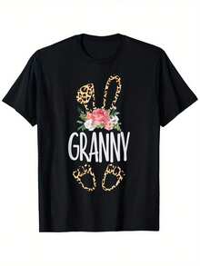 Floral Leopard Granny Bunny Happy Easter Mother'S Day T-Shirt| 100%, Summer Casual Short Sleeve Tee, Super Soft, Breathable, Crew Neck, Perfect For Daily Wear & Holiday Gifts - 黑色 - 查看 1