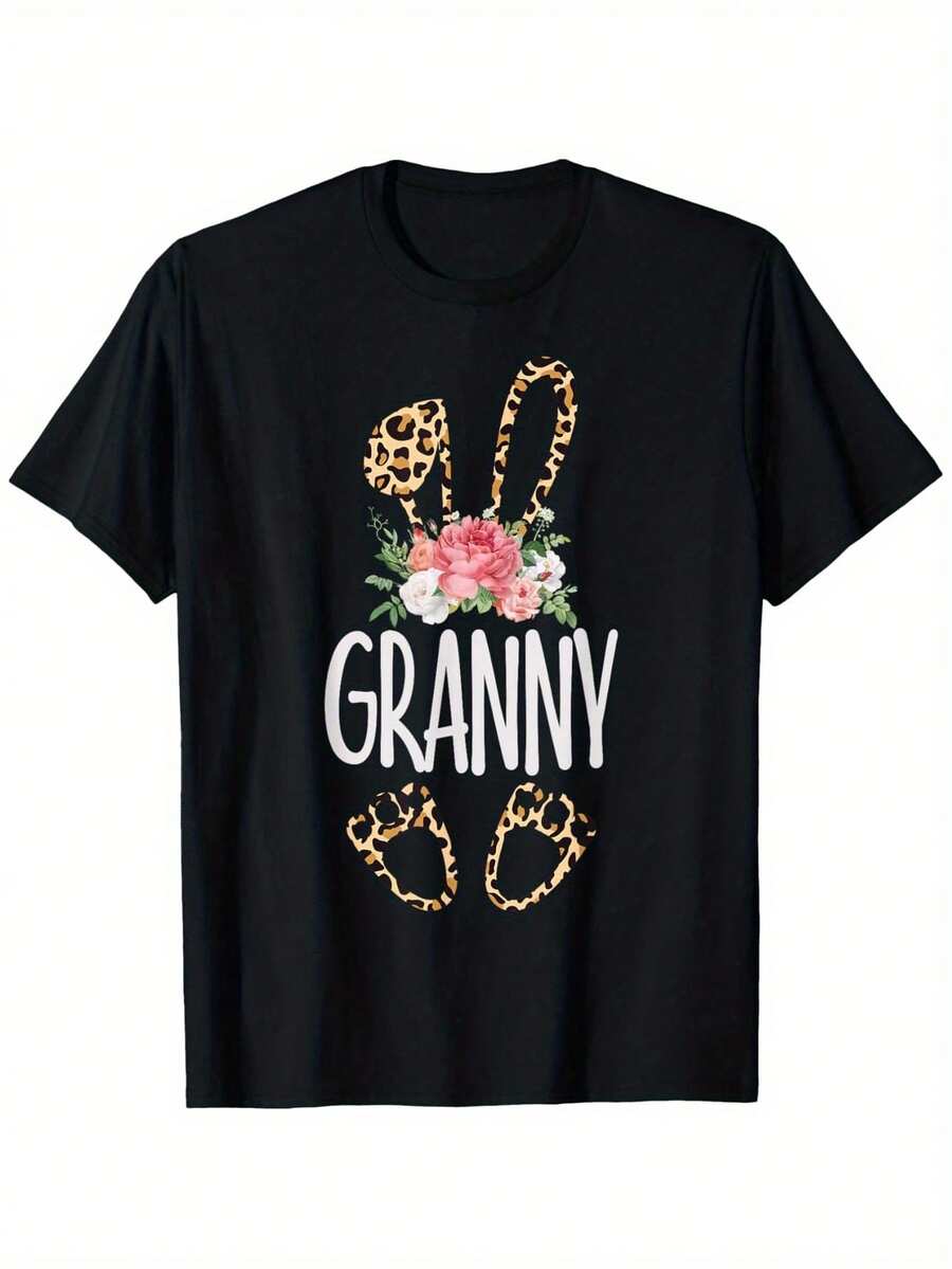 Floral Leopard Granny Bunny Happy Easter Mother'S Day T-Shirt| 100%, Summer Casual Short Sleeve Tee, Super Soft, Breathable, Crew Neck, Perfect For Daily Wear & Holiday Gifts - 黑色 - 查看 1