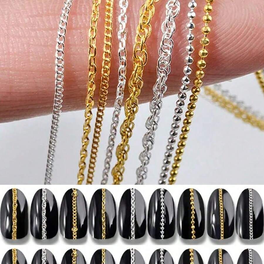 6Pcs/Box 3D Alloy Nail Art Decoration Mixed Metallic Chain Nail Jewelry Kit Gold Metal Chains Nail Art Decor Nail Jewelry Chains Line Nail Charms Nail Decorations With Box For Manicure Decoration DIY Nails Nail Supplies - 彩色 - 查看 1