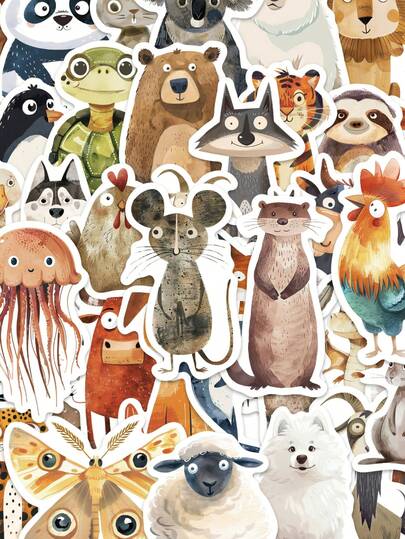 50pcs Weird Watercolor Animal Decorative Stickers For Skateboard, Helmet, Refrigerator, Luggage, Laptop, Notebook, Phone Case