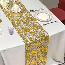 Chemin de table en maille noire avec feuille d'or pailletée, maille noire brillante avec feuille d'or, élégant et à la mode, convient pour les décorations de Noël, Halloween, Saint-Valentin, Thanksgiving et autres fêtes, table à manger, mariage, anniversaire, décoration de centre de table pour restaurants, hôtels, cafétérias - Multicolore - Voir 2