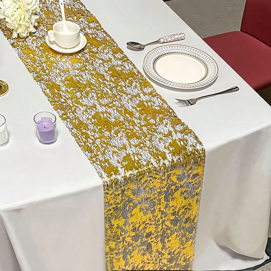 Chemin de table en maille noire avec feuille d'or pailletée, maille noire brillante avec feuille d'or, élégant et à la mode, convient pour les décorations de Noël, Halloween, Saint-Valentin, Thanksgiving et autres fêtes, table à manger, mariage, anniversaire, décoration de centre de table pour restaurants, hôtels, cafétérias