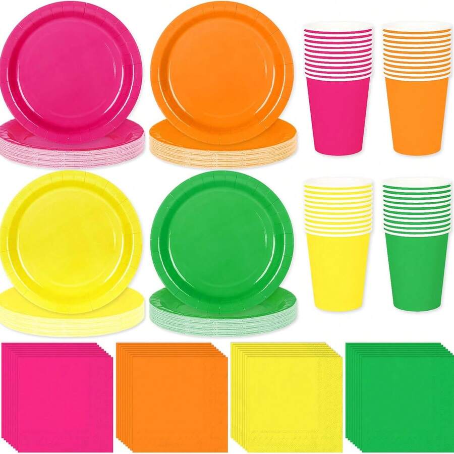 10pcs/40pcs/80pcs Fluorescent Color Paper Tableware, Bright Color ...