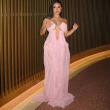 Vestido de verano de estilo europeo y americano 2026 para comercio exterior, nuevo resort, sexy, estilo latino, de red transparente y escote bajo con hombros descubiertos para mujeres - Rosa - Ver 1