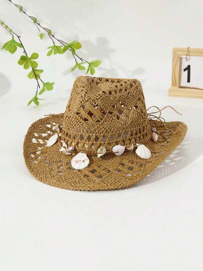 1pc Summer Cowboy/Straw Hat, Hollow Woven Beach/Pool Party Hat, Outdoor Sun Protection