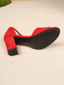 1 双青少年黑色方头镂空搭扣露趾绒面厚底休闲凉鞋 - 紅色 - 查看 7