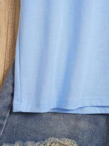 大码女式优雅印花圆领短袖T恤，白色底蓝色花朵，四季皆宜的休闲百搭夏季T恤 - 淺藍色 - 查看 5