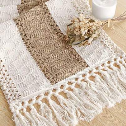 1pc Boho Style Tassel Table Runner, Beige & Brown Woven Rope, Home Decor, Bohemian Style For Dining Room, Bedroom, Thanksgiving, Christmas, Party (Multiple Sizes Available)