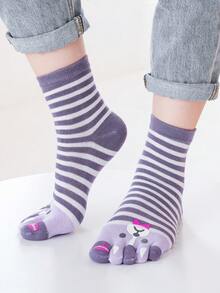 1/2/3/5 Pairs Women Colorful Striped Cat Pattern Cartoon Cute & Fun Toe Socks - Multicolor - View 9