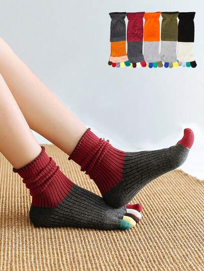 1/2/3/5 Pairs Women Colorful Striped Cat Pattern Cartoon Cute & Fun Toe Socks