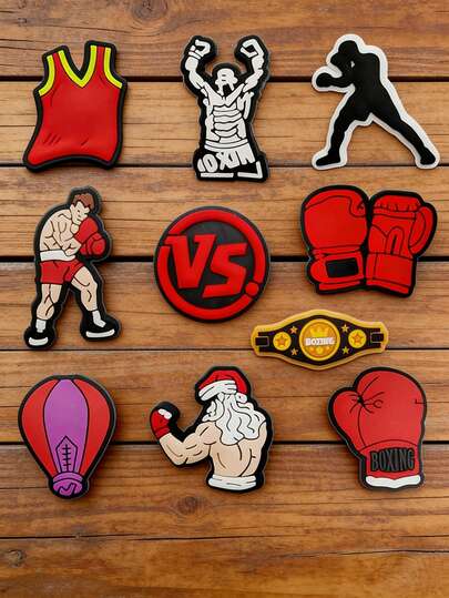10 sets de la serie de boxeo, con decoraciones de zapatos de estilo PVC - combinación de colores rojo y negro, decoraciones duraderas que incluyen guantes de boxeo y diseño de cinturón de campeonato. Adecuado para regalos de fiesta de festivales, entusiastas del deporte, zapatos de boxeo, patrones de guantes, decoraciones de colores brillantes y atractivos, material ligero, adornos temáticos, excelente opción de regalo. Decoraciones de zapatos desmontables para accesorios con tema de boxeo, elementos creativos de la calle, adornos de regalo de festival.