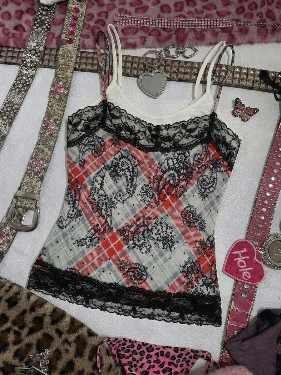 女士 Y2K Grunge 格纹佩斯利印花蕾丝边二合一吊带背心 - 双层细肩带露脐背心，朋克另类街头风度假外出上衣，夏季女装，情人节穿搭，派对穿搭，音乐节穿搭，浪漫约会穿搭，假日穿搭，春夏日常穿搭，嘉年华休闲穿搭 - 彩色 - 查看 1