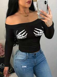 露肩短款上衣，饰有幽灵爪印花，适合秋季时尚、万圣节和女士秋季穿搭，黑色春季款 - 黑色 - 查看 1