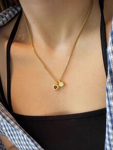 1件纹理链项链，饰有心形和圆形闪亮装饰 - 紅寶愛心閃鑽項鍊 - 查看 5