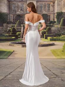 HEARBOBO 夏季白色露肩美人鱼婚纱，露肩设计，露背腰身，新娘礼服，情人节 - 白色 - 查看 4