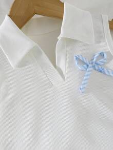 Conjunto de 2 piezas con top de punto acanalado de cuello en V + falda estampada con lazo a rayas, adecuado para uso diario, actividades al aire eventos, primavera/verano - Azul - Ver 5
