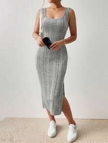 New Summer Sleeveless Strap Mid-Length Slit Knit Dress, Backless Square Neck Asymmetrical Hem Dress - Grey - View 2