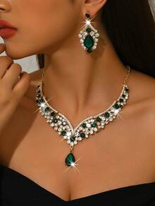 2pcs Luxury Fully Rhinestone Jewelry Set, Including Necklace And Earrings, Available In Navy Blue And Red - 1622 Gold Green Set - View 2