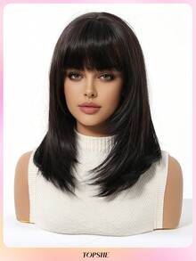 Topshe [Velvet Locks]14 Inch Fluffy Soft Black Wig, Bob Straight Hair, Heat-Resistant Synthetic Wig, Suitable For Women's Daily Wear, Cosplay, Halloween Party, Beginner Friendly - Black - View 2