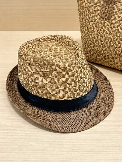 1顶双色编织软呢帽，透气编织帽，配黑色缎带，经典短檐遮阳帽，男女皆宜，是海滩、派对和户外活动的理想之选