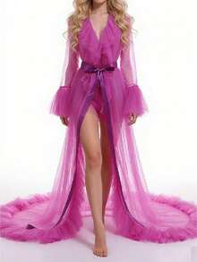 Women Summer Kimono Dress, Sheer Tulle V-Neck Long Flare Sleeves Floor-Length Night-Robe Lingerie - Màu Hồng Tươi - Xem 1