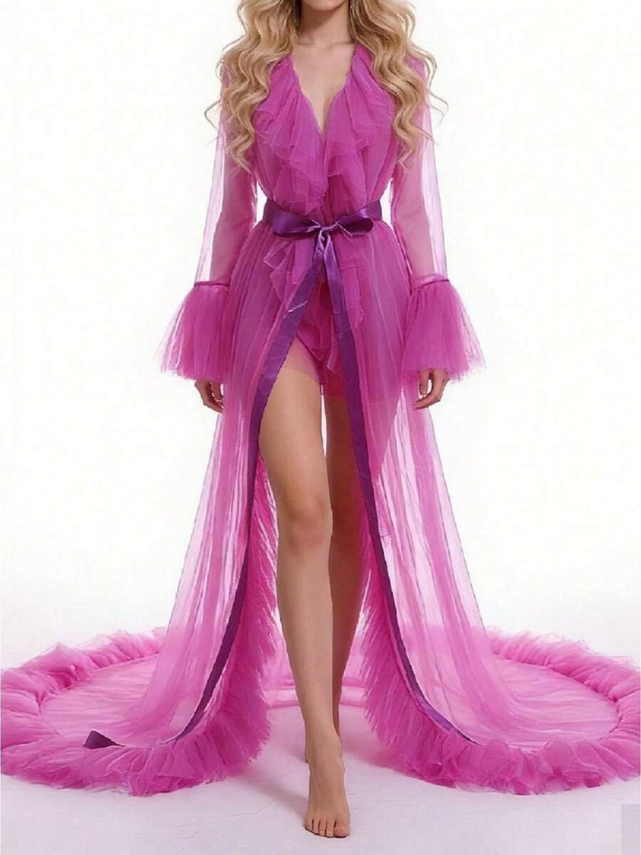 Women Summer Kimono Dress, Sheer Tulle V-Neck Long Flare Sleeves Floor-Length Night-Robe Lingerie - Màu Hồng Tươi - Xem 1