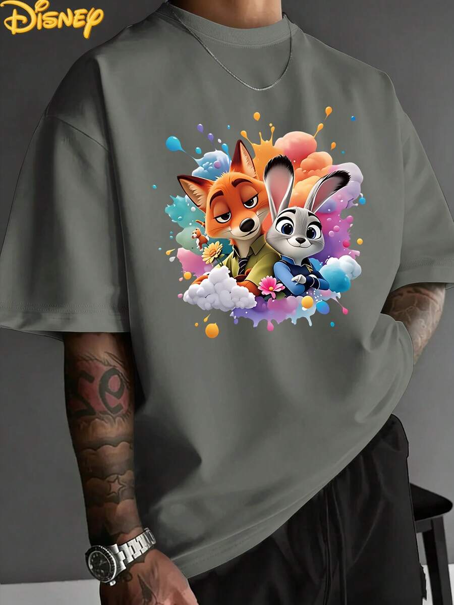 Disney Colorful Splatter Style: Judy Nick Sweetheart Companion Dreamy Print Men's T-Shirt, Stylish Design, Simple And Versatile, Fashionable Round Neck Men's Twill Fabric T-Shirt With Trim, Summer Casual Men's T-Shirt. - 灰色 - 查看 1