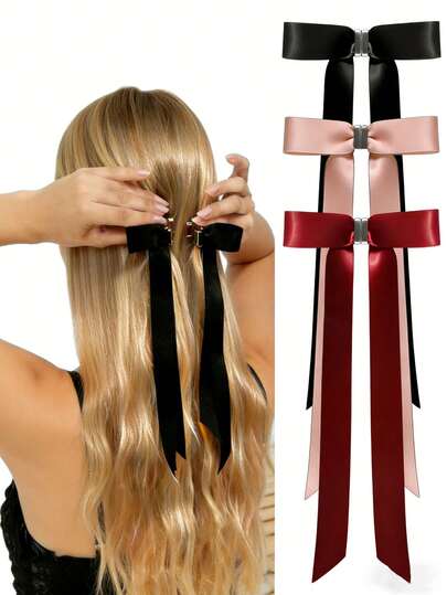 3件套女士磁性蝴蝶结发夹，长24厘米/9.45英寸，可拆卸半丸子头发夹，黑色、红色和粉色，时尚甜美优雅公主风蝴蝶结发爪，适合女士和女孩，春夏两季，日常或约会佩戴，派对、海滩度假、节日礼物、母亲节礼物。发夹、发爪、发饰、头饰、发饰