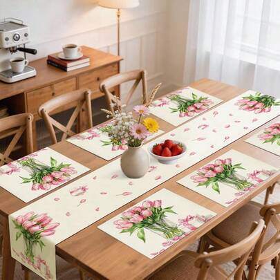 1 pieza Camino de mesa con estampado de tulipanes, decoración de mesa para el Día de la Madre, estilo moderno, adecuado para la decoración diaria del hogar y la cocina. Incluye 1 pieza de camino de mesa, 4 piezas de individuales, 1 pieza de funda de cojín, variedad de combinaciones de productos disponibles para la decoración del hogar, suministros para fiestas interiores/exteriores, decoración de habitaciones.