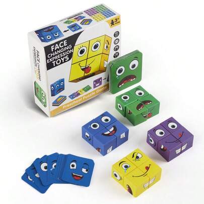 Wooden Face Changing  Building Block Game, Matching Expression Puzzle Toys Suitable For Interaction With Children, Matching Puzzle Geometry Education Toys, Suitable For Easter, Children's Day, Easy To Carry