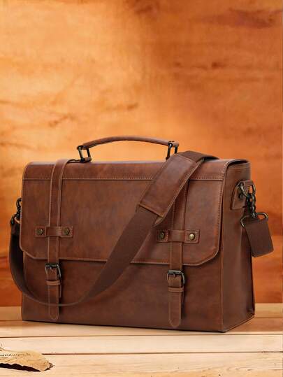 Men's Messenger Briefcase Bag 18-Inch Waterproof Vintage Leather Laptop Briefcase Large Capacity Laptop Bag Handheld Crossbody Computer Bag Suitable For Office Business Travel College Students, Brown/Camel/Black/Gray