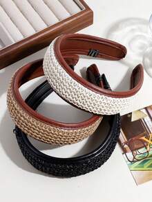 1pc Women's Retro Wide Woven Leather Headband, Suitable For Daily Wear - Multicolor - View 3