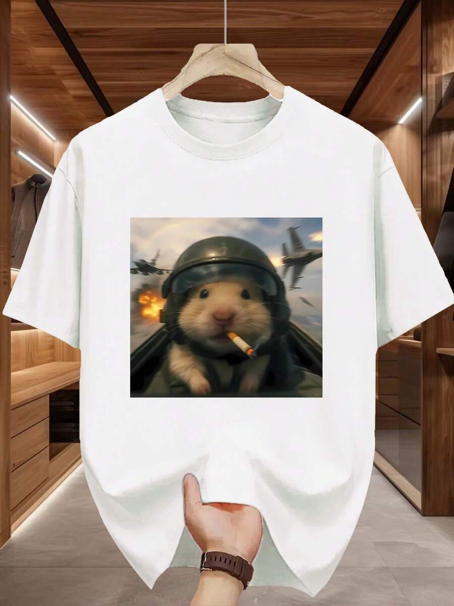 Camiseta de Cuello Redondo con Temática de Piloto para Animales Pequeños, Ropa Casual Elegante para Hombres, Perfecta para la Moda Urbana - Blanco - Ver 1