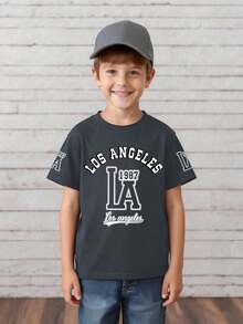 Áo thun nam tuổi teen phong cách tối giản in chữ Los Angeles và dòng chữ "LA 1987", thích hợp cho mùa xuân/hè. - Màu xám đen - Xem 1