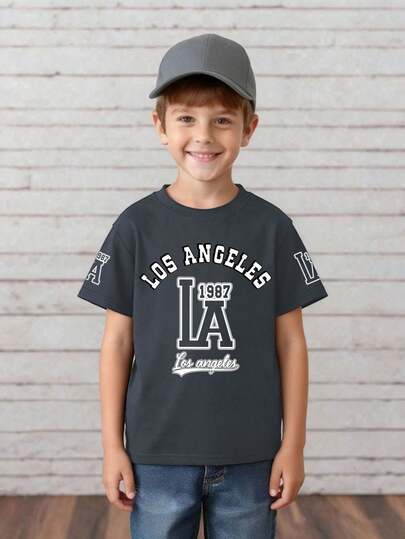 Áo thun nam tuổi teen phong cách tối giản in chữ Los Angeles và dòng chữ "LA 1987", thích hợp cho mùa xuân/hè.