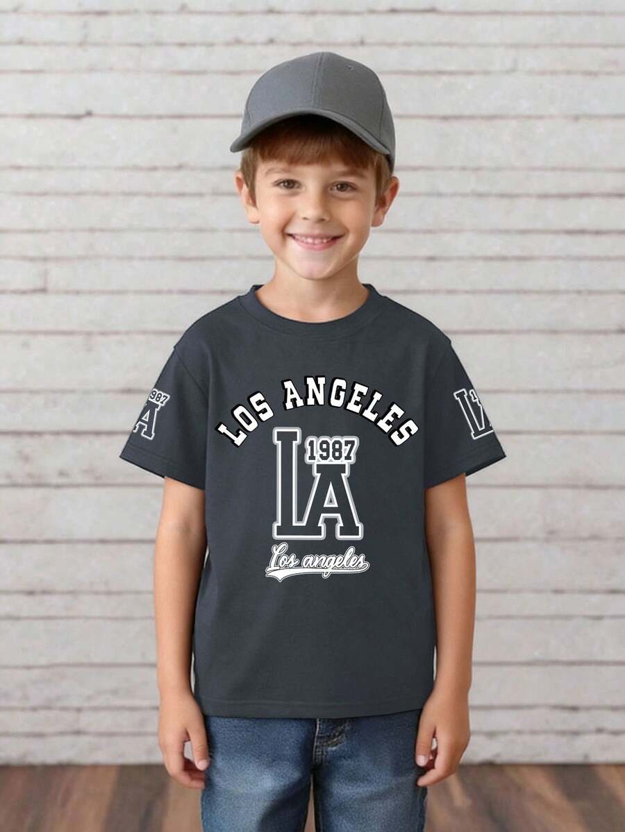 Áo thun nam tuổi teen phong cách tối giản in chữ Los Angeles và dòng chữ "LA 1987", thích hợp cho mùa xuân/hè. - Màu xám đen - Xem 1